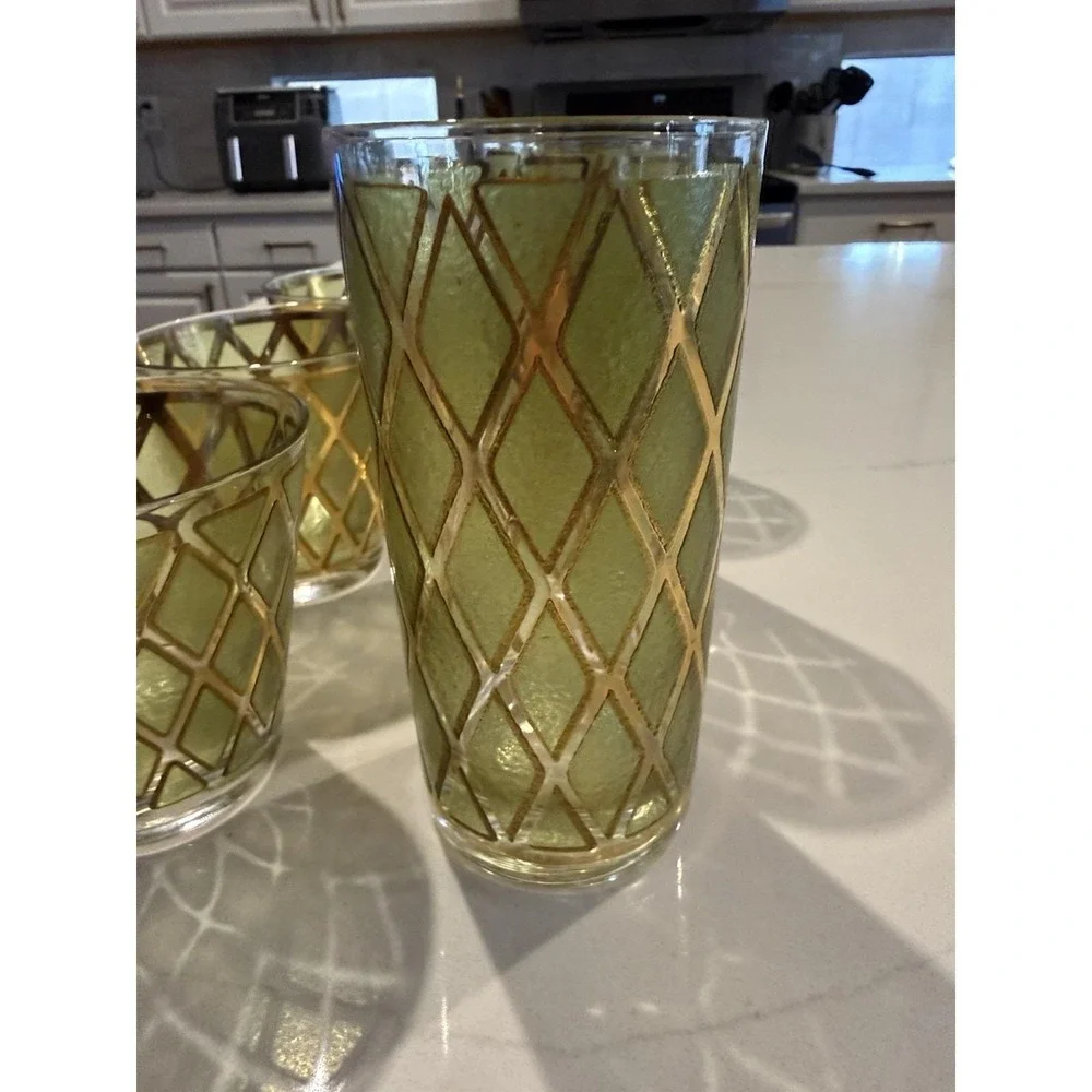 VTG MCM Set Of 6 Culver Valencia Bar Highball/Lowball Tumblers Green & 22k Gold